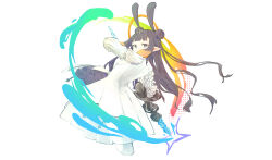 1girl blue_eyes blunt_bangs crinoline cropped_legs double_bun dress dress_flower floating_hair flower from_side gauntlets hair_bun hair_ornament halo highres holding holding_weapon hololive hololive_english long_hair looking_at_viewer ninomae_ina&#039;nis ninomae_ina&#039;nis_(ina_the_hero) orange_hair pointy_ears purple_hair rainbow_gradient simple_background single_gauntlet solo takodachi_(ninomae_ina&#039;nis) tentacle_hair traditional_halo very_long_hair wa7aru weapon white_background white_dress