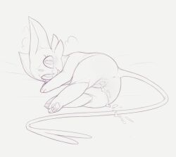 1girl :3 animal_focus animal_sexualization anus ass blush breath cleft_of_venus cum cum_in_pussy cum_on_body cum_on_legs cum_on_tail cumdrip espeon female_focus forehead_jewel from_behind full_body gen_2_pokemon grey_background greyscale happy kekitopu looking_at_viewer lying monochrome nintendo on_side open_mouth pawpads pokemon pokemon_(creature) pussy raised_eyebrows simple_background sketch smile solo uncensored wide-eyed