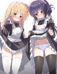 2girls absurdres apron black_bow black_bowtie black_dress black_thighhighs blonde_hair blue_eyes blue_hair blush bow bow_panties bowtie breasts character_request closed_mouth clothes_lift clover_days dress dress_lift frilled_apron frilled_dress frills highres juliet_sleeves lifting_own_clothes long_hair long_sleeves looking_at_viewer maid maid_apron maid_headdress multiple_girls panties parted_lips puffy_sleeves red_eyes simple_background small_breasts takakura_anri takakura_anzu takepoison thighhighs twintails underwear white_apron white_background white_panties white_thighhighs
