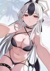 1girl absurdres armpit_crease bare_arms bare_shoulders bikini black_bikini black_choker black_hair blue_archive breasts choker cleavage collarbone commentary cowboy_shot criss-cross_halter demon_horns ear_piercing gluteal_fold halo halterneck highres horns kayoko_(blue_archive) large_breasts long_hair looking_at_viewer low_wings mole mole_on_neck multi-strapped_bikini_bottom multicolored_hair navel parted_lips piercing red_eyes single_wing solo stomach string_bikini studded_choker swimsuit takehana_note thigh_strap two-tone_hair very_long_hair white_hair wings