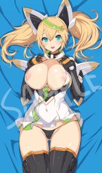 1girl aqua_eyes bare_shoulders bed_sheet black_panties blonde_hair blush breasts cleavage elbow_gloves female_focus gene_(pso2) gloves green_hair hair_between_eyes headgear large_breasts long_hair looking_at_viewer lying multicolored_hair nipple_slip nipples on_back open_mouth panties phantasy_star phantasy_star_online_2 poin_(hidsuki) sample_watermark smile solo thighhighs twintails underwear watermark
