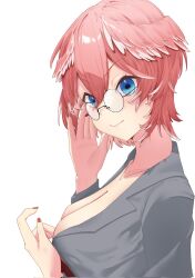Rule 34 | 1girl, blue eyes, breasts, business suit, cleavage, fingernails, formal clothes, glasses, hair between eyes, head wings, highres, hololive, holox, jewelry, large breasts, looking at viewer, nail polish, necklace, pink hair, red nails, round eyewear, short hair, smile, solo, suit, takane lui, tashime, virtual youtuber, white background, wings