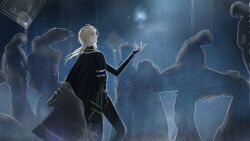 Rule 34 | 1boy, alkaid mcgrath, alkaid mcgrath (deimortem era), alkaid mcgrath (spirit world), angel statue, belt, black coat, black pants, black shirt, blonde hair, chinese commentary, closed mouth, coat, coat on shoulders, earrings, expressionless, feet out of frame, from side, green eyes, hair between eyes, hand up, headless statue, highres, hologram, jewelry, long hair, long sleeves, looking at object, lovebrush chronicles, low ponytail, male focus, object floating above hand, pants, ponytail, profile, shards, shirt, sky, sleeves past wrists, solo, star (sky), starry sky, statue, tassel, tassel earrings, walking, wo shi baitao zong