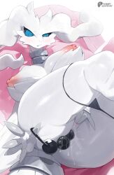 1girl :/ absurdres anal anal_beads anal_fluid anal_object_insertion animal_hands artist_name black_panties black_sclera blue_eyes blush body_fur breasts breasts_apart claws closed_mouth colored_sclera dildo fang fang_out female_focus female_masturbation fingering furry furry_female gen_5_pokemon highres holding holding_sex_toy jewelry large_breasts leg_up legendary_pokemon long_hair looking_down lying masturbation mature_female neck_ring nintendo nipples nude object_insertion on_back panties panty_pull patreon_logo patreon_username personification pillow pink_background pokemon pokemon_(creature) pussy pussy_juice rabbitadvisory raised_eyebrows reshiram ringed_eyes sex_toy shiny_skin solo split_mouth spread_fingers string_panties tail tail_ornament tail_ring tears thick_thighs thighs twitter_username twitter_x_logo uncensored underwear uneven_eyes vaginal watermark white_fur white_hair