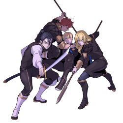 1girl 3boys aqua_eyes armored_boots belt black_footwear black_hair black_pants black_shirt black_skirt blonde_hair blue_cape blue_eyes boots cape closed_mouth collared_shirt dimitri_alexandre_blaiddyd fallen_down felix_hugo_fraldarius fighting_stance fire_emblem fire_emblem:_three_houses furrowed_brow garreg_mach_monastery_uniform glaring gold_trim hair_between_eyes hair_bun hair_intakes highres holding holding_polearm holding_sword holding_weapon ingrid_brandl_galatea leggings long_bangs long_hair long_sleeves looking_at_viewer lying multiple_boys nintendo on_back orange_eyes pants parted_lips polearm red_hair redlhzz shaded_face shirt shoes simple_background single_hair_bun skirt sweat sweatdrop sword sylvain_jose_gautier translation_request weapon white_background white_footwear white_shirt