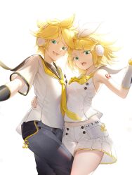 1boy 1girl 503404330 :d absurdres arm_around_waist arm_tattoo arm_warmers black_arm_warmers black_skirt blonde_hair brother_and_sister green_eyes grey_pants highres kagamine_len kagamine_rin miniskirt necktie open_mouth pants pleated_skirt sailor_collar sailor_shirt shirt short_hair short_sleeves siblings simple_background skirt sleeveless sleeveless_shirt smile tattoo vocaloid white_background white_sailor_collar white_shirt yellow_necktie
