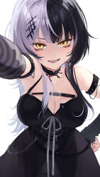 1girl arm_strap black_arm_warmers black_choker black_dress black_hair breasts choker cleavage dress grey_hair grey_ribbon highres hololive hololive_english kabedon_on_viewer large_breasts looking_at_viewer misoraamenx multicolored_hair shiori_novella shiori_novella_(1st_costume) simple_background solo split-color_hair striped_arm_warmers two-tone_hair virtual_youtuber white_background yellow_eyes