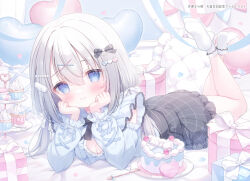1girl balloon black_bow blue_eyes blue_ribbon blue_shirt blush bow breasts c: cake cake_stand cleavage cleavage_cutout clothing_cutout cup food fork gift grey_hair grey_skirt hair_bow hair_ornament hands_on_own_chin head_rest looking_at_viewer lying masquerade_channel medium_hair no_shoes official_art omochi_monaka on_stomach pillow plate ribbon shirt shoulder_cutout skirt smile socks solo tenshi_nano the_pose virtual_youtuber white_socks wing_hair_ornament x_hair_ornament