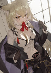 1girl absurdres animal_ears arknights black_gloves black_jacket black_skirt blonde_hair blush bra bra_peek breasts commentary dalgogi_(moonfish_1302) fox_ears fox_girl gloves grey_panties highres indoors jacket looking_at_viewer medium_breasts mouth_hold necktie necktie_in_mouth orange_eyes panties pleated_skirt scar scar_on_face shirt skirt solo underwear vulpisfoglia_(arknights) white_shirt
