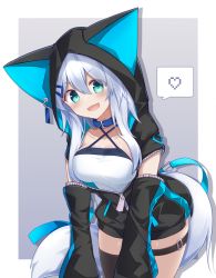 1girl :d animal_ears animal_hood black_jacket black_thighhighs blue_collar breasts camisole collar collarbone criss-cross_halter fang fox_ears fox_hood fox_tail green_eyes grey_background hair_between_eyes halterneck heart highres hood hood_up hooded_jacket jacket long_hair medium_breasts open_mouth original silver_hair single_thighhigh smile solo spoken_heart surume_aburi tail thighhighs two-tone_background v-shaped_eyebrows white_background white_camisole