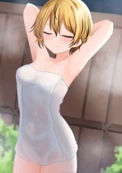Rule 34 | 1girl, absurdres, armpits, arms behind head, black hair, blonde hair, breasts, closed eyes, collarbone, dakuazu, highres, medium breasts, multicolored hair, naked towel, short hair, smile, thighs, toramaru shou, touhou, towel, two-tone hair