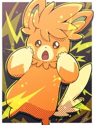 absurdres animal_focus artist_name blush_stickers border brown_eyes drop_shadow halftone hands_on_own_cheeks hands_on_own_face hands_up highres hime_takeo lightning_bolt_symbol looking_at_viewer nintendo no_humans open_mouth outline outside_border pawmot pokemon pokemon_(creature) signature solo white_border yellow_outline
