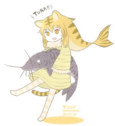 1girl animal animal_ears blonde_hair brown_hair catfish colored_skin diode_(0_division) dress fangs fish full_body fur-trimmed_sleeves fur_collar fur_trim highres holding holding_animal holding_fish light_smile long_sleeves looking_at_viewer multicolored_hair no_shoes open_mouth original pantyhose personification short_eyebrows sidelocks simple_background solo standing standing_on_one_leg streaked_hair striped_clothes striped_dress striped_pantyhose tail tiger_ears tiger_stripes tiger_tail whiskers white_background white_skin yellow_dress yellow_eyes yellow_pantyhose