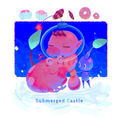 1boy ^_^ backpack bad_tag bag big_nose black_eyes blue_background blue_pikmin blue_skin blush_stickers brown_hair bulbmin checkerboard_cookie chocolate closed_eyes colored_skin cookie donut english_text food food_wrapper full_body gloves hand_on_another&#039;s_leg happy helmet highres leaf light_blush male_focus motion_lines nintendo olimar open_mouth petting pikmin_(creature) pikmin_(series) pikmin_2 pointy_ears radio_antenna red_bag red_gloves short_hair sitting smile space_helmet spacesuit standing triangle_mouth two-tone_background very_short_hair water white_background yu_pikmin