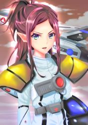 10s 1girl armor blue_eyes cloud female_focus helmet insignia jolly_roger looking_at_viewer macross macross:_do_you_remember_love? macross_delta mecha mirage_farina_jenius mitaka open_mouth pilot pilot_suit ponytail purple_hair robot science_fiction serious solo spacesuit u.n._spacy variable_fighter vf-1