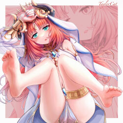 1girl absurdres aqua_eyes aqua_nails artist_name bare_legs barefoot blush detached_sleeves fake_horns genshin_impact highres horns jewelry long_hair looking_at_viewer lying nail_polish navel nilou_(genshin_impact) on_back open_mouth red_hair soles solo stomach taylorcat thighs toenail_polish toenails toes very_long_hair