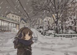 1girl absurdres bare_tree brown_coat brown_hair building closed_mouth coat earmuffs grey_scarf highres looking_at_viewer original outdoors power_lines sasaxxxx06 scarf snow snowing tree upper_body winter