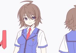 1girl ahoge amagi_nao aoi_masami blue_eyes blue_vest brown_hair collared_shirt genderswap genderswap_(mtf) looking_at_viewer necktie red_necktie shirt short_hair simple_background smile solo ts_magical_girl_nao vest white_background white_shirt
