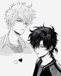 Rule 34 | 2boys, cheng xiaoshi, closed mouth, collared shirt, expressionless, greyscale, hair over one eye, heart, highres, jacket, looking at viewer, lu guang, male focus, messy hair, monochrome, multiple boys, open clothes, open jacket, parted lips, ponytail, portrait, shiguang dailiren, shirt, short hair, short ponytail, simple background, upper body, white background, yolu gin