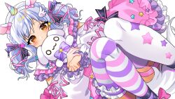 1girl animal_ears asymmetrical_legwear blue_hair blush bow braid brown_eyes commission covered_mouth dress frills hair_bow hair_ornament highres horns horse_ears hugging_object inuyama_tamaki kamo860 knees_up long_sleeves looking_at_viewer lying mismatched_legwear noripro pink_bow ribbon simple_background single_horn solo star_(symbol) star_hair_ornament stuffed_animal stuffed_toy tail thighhighs twintails virtual_youtuber white_background