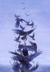 1boy bird black_hair feathers grey_shirt head_wreath highres male_focus original outstretched_arm rido_(ridograph) shirt short_hair solo standing watermark web_address