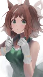 1girl absurdres ahoge alternate_costume animal_ears blush breasts brown_hair cleavage commentary_request dress gloves green_eyes hair_ornament highres horse_girl jewelry looking_at_viewer medium_breasts necklace rhein_kraft_(umamusume) simple_background solo takinii umamusume white_background
