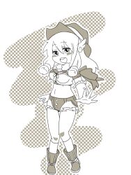 1girl armband blush boots breasts commentary_request cowboy_hat crop_top fake_transparency fingerless_gloves full_body fur-trimmed_gloves fur-trimmed_shorts fur_trim gloves greyscale hat head_wings long_hair looking_at_viewer medium_breasts midriff monochrome navel open_mouth porinu ragnarok_online shirt shorts sidelocks sleeveless sleeveless_shirt sniper_(ragnarok_online) socks solo standing two-tone_shorts wings