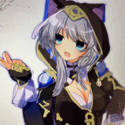 1girl animal_ears animal_hood black_gloves black_leotard blue_eyes breasts cat_ears cat_girl cat_hood cipher_(honkai:_star_rail) cleavage commentary_request fingerless_gloves gloves grey_background grey_hair honkai:_star_rail honkai_(series) hood hooded_leotard large_breasts leotard nypo_7 short_hair_with_long_locks simple_background solo upper_body