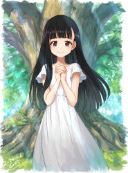 1girl absurdres black_hair blunt_bangs border brown_eyes closed_mouth commentary_request dated day dress highres light_blush long_dress long_hair looking_at_viewer make_heroine_ga_oo_sugiru! nukumizu_kaju outdoors own_hands_together short_sleeves signature solo standing straight_hair toyosora tree white_border white_dress
