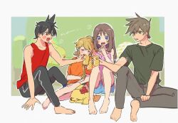 2boys 2girls :d barefoot blonde_hair blue_eyes blue_oak blue_shorts blush_stickers brown_hair can gen_1_pokemon green_(pokemon) holding holding_can marutoko45 multiple_boys multiple_girls nintendo open_mouth orange_shirt pants pikachu pokemon pokemon_(creature) pokemon_adventures purple_shirt red_(pokemon) red_eyes red_shirt shirt short_hair short_sleeves shorts sitting sleeveless sleeveless_shirt smile t-shirt toes yellow_(pokemon)