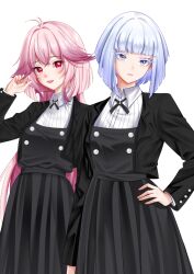 Rule 34 | 2girls, black skirt, eyelashes, grey hair, hand on own hip, highres, lipstick, long hair, long sleeves, makeup, multiple girls, pink hair, purple eyes, red eyes, rock wa lady no tashinami deshite, school uniform, shiraishi yume, shiraya tamaki, simple background, skirt, smile, very long hair, white background