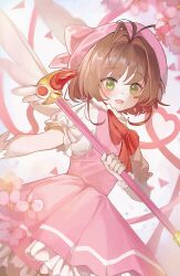 1girl bow bowtie brown_hair cardcaptor_sakura cherry_blossoms commentary dress flower fuuin_no_tsue gloves green_eyes hat highres holding holding_staff kinomoto_sakura kinomoto_sakura_(magician) magical_girl open_mouth pink_dress pink_flower pink_hat puffy_short_sleeves puffy_sleeves red_bow red_bowtie short_hair short_sleeves solo staff white_gloves xoaiu