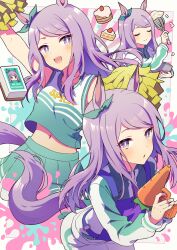 1girl alternate_costume anbutter_siruko animal_ears bow breasts cake character_name cheerleader closed_eyes closed_mouth commentary_request food green_skirt highres holding holding_pom_poms horse_ears horse_girl horse_tail long_hair long_sleeves looking_at_viewer mejiro_mcqueen_(umamusume) midriff multiple_views navel open_mouth pom_pom_(cheerleading) pom_poms purple_eyes purple_hair school_uniform skirt sleeveless small_breasts tail tracen_school_uniform twitter_username umamusume umamusume_(anime)