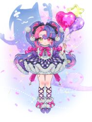 1girl ballet_slippers balloon black_bow blush bow character_name detached_sleeves dot_nose frown full_body heart_balloon heterochromia highres holding holding_umbrella long_hair looking_at_viewer multicolored_hair odetooo purple_hair roccia_(wuthering_waves) solo star_balloon symbol-shaped_pupils twintails two-tone_hair umbrella very_long_hair wuthering_waves x-shaped_pupils