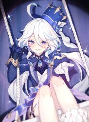 1girl artist_name ascot asymmetrical_gloves black_ascot black_gloves blue_brooch blue_eyes blue_hair blue_jacket blue_ribbon commentary_request cowlick drop-shaped_pupils feet_out_of_frame furina_(genshin_impact) genshin_impact gloves grin hair_ribbon hand_up hat heterochromia highres hiwokawa jacket light_blue_hair long_hair long_sleeves looking_at_viewer mismatched_gloves mismatched_pupils multicolored_hair on_swing purple_eyes ribbon rope sitting smile solo sparkle streaked_hair swing symbol-shaped_pupils top_hat twitter_username very_long_hair white_gloves white_hair