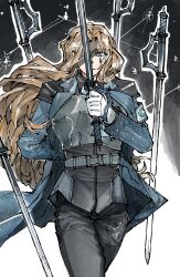 1girl absurdres arm_behind_back armband armor belt black_leggings black_shirt blonde_hair blue_coat blue_eyes coat collared_shirt cowboy_shot e.g.o_(project_moon) frown grey_armband hair_flowing_over highres holding holding_sword holding_weapon landobristly leggings limbus_company long_hair looking_at_viewer one_eye_covered outline project_moon rodion_(project_moon) shirt shoulder_pads solo sword teardrop_facial_mark the_sword_sharpened_with_tears_(e.g.o) very_long_hair weapon white_outline wind wind_lift
