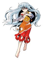 Rule 34 | 1girl, adairi, alphes (style), bare shoulders, barefoot, breasts, cleaver, commentary request, dairi, defeat, detached sleeves, diamond (shape), diamond cutout, dress, frilled dress, frills, full body, grey hair, hair between eyes, highres, holding, large variant set, long hair, long sleeves, medium breasts, multicolored dress, orange dress, parody, red dress, red ribbon, ribbon, sakata nemuno, single strap, solo, style parody, tachi-e, torn clothes, touhou, transparent background, variant set, wide sleeves, yellow dress