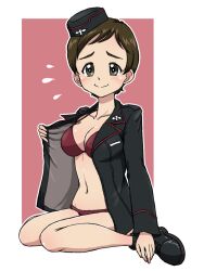 Rule 34 | 1girl, ankle boots, bikini, bikini under clothes, black boots, black hat, black jacket, blush, boots, breasts, brown eyes, brown hair, closed mouth, commentary, full body, garrison cap, girls und panzer, halterneck, hat, insignia, jacket, kojima emi, kuromorimine military uniform, lapels, long sleeves, looking at viewer, medium breasts, military hat, military uniform, navel, no pants, notched lapels, open clothes, open jacket, opened by self, outline, pink background, red bikini, short hair, sitting, smile, solo, swimsuit, takahashi kurage, very short hair, wariza, white outline
