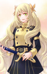 1girl :d black_skirt blonde_hair butterfly_hair_ornament celine_(fire_emblem) commentary_request ebi_puri_(ebi-ebi) fire_emblem fire_emblem:_three_houses fire_emblem_engage garreg_mach_monastery_uniform green_eyes hair_ornament highres holding holding_sword holding_weapon jacket long_hair long_sleeves looking_at_viewer nintendo open_mouth sheath sheathed skirt smile solo sword very_long_hair weapon