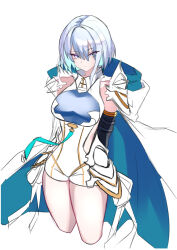 1girl absurdres aqua_cape aqua_hair armor bare_legs black_sleeves bodysuit breasts cape clothing_cutout cropped_legs detached_sleeves dreizehn_(shadowverse) grey_hair highres hip_armor kurosaki_saya large_breasts looking_at_viewer medium_hair purple_eyes shadowverse shadowverse:_worlds_beyond shoulder_armor side_cutout sketch solo standing thighs white_background white_bodysuit white_cape
