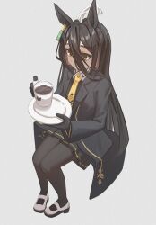 1girl ahoge animal_ears black_coat black_gloves black_hair black_pantyhose black_shirt black_skirt coat coffee coffee_mug collared_shirt cotton_candy cup de-lease ear_tag earrings food gloves hair_between_eyes hand_up highres holding holding_cotton_candy holding_food holding_plate horse_ears horse_girl jewelry long_bangs long_hair long_hair_between_eyes long_sleeves manhattan_cafe_(umamusume) mug multicolored_hair necktie open_clothes open_coat pantyhose plate pleated_skirt shirt shoes single_earring sitting skirt solo umamusume very_long_hair white_hair white_shoes yellow_eyes yellow_necktie