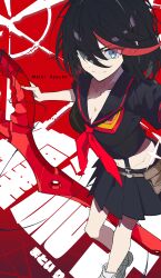1girl absurdres black_hair black_sailor_collar black_skirt blue_eyes breasts character_name closed_mouth crop_top foot_out_of_frame gugugu_official hair_between_eyes highres holding holding_weapon kill_la_kill matoi_ryuuko medium_breasts medium_hair midriff multicolored_hair necktie pleated_skirt red_background red_hair red_necktie sailor_collar school_uniform shorts skirt smile solo streaked_hair suspenders weapon white_shorts