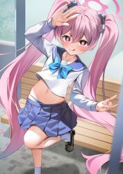 1girl absurdres bench blue_archive blue_panties hair_between_eyes halo highres koyuki_(blue_archive) loli long_hair navel panties pink_eyes pink_hair pink_halo pleated_skirt school_uniform shoes shuvi_(shuvi1125) skirt socks solo star_(symbol) star_in_eye symbol_in_eye tongue tongue_out twintails underwear very_long_hair white_socks