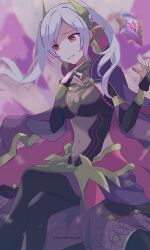 Rule 34 | 1girl, 343rone, absurdres, breasts, bridal gauntlets, cleavage, covered navel, crossed legs, female robin (fell tactician) (fire emblem), female robin (fire emblem), female robin (grima) (fire emblem), fire emblem, fire emblem awakening, fire emblem cipher, fire emblem heroes, highres, medium breasts, nintendo, official alternate costume, parted lips, possessed, red eyes, see-through cleavage, see-through clothes, sitting, smile, solo, twintails, watermark, white hair