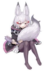 1girl agemmata animal_ear_fluff animal_ears black_jacket black_pantyhose border commentary english_commentary fang feet fox_ears fox_girl fox_tail full_body grey_hair grey_tail hair_ornament highres holding holding_brush jacket knees_together_feet_apart knees_up looking_at_viewer miniskirt no_shoes open_clothes open_jacket open_mouth outline pantyhose phase_connect pleated_skirt purple_eyes revision short_eyebrows sitting skirt solo tail tenma_maemi toenails toes transparent_background unzipped virtual_youtuber white_skirt