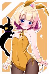 :3 ahoge animal_ears beads bell blonde_hair blue_eyes blush breasts covered_navel cowboy_shot detached_collar fake_animal_ears fake_tail glint hair_beads hair_ornament highres jingle_bell kano3 leotard looking_at_viewer lucie_(millie_parfait) medium_hair millie_parfait nijisanji nijisanji_en outline pantyhose playboy_bunny rabbit_ears rabbit_tail small_breasts tail virtual_youtuber white_outline wrist_cuffs
