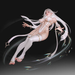 Rule 34 | 1girl, absurdres, aligir art, bangle, bracelet, breasts, breasts apart, bridal gauntlets, character request, copyright request, covered erect nipples, earrings, feet, floating hair, gold nails, gold trim, gradient background, grey eyes, grey hair, highres, jewelry, large breasts, lips, long hair, looking at viewer, nail polish, navel, no shoes, outstretched arms, parted lips, revealing clothes, shiny skin, solo, stirrup legwear, thighhighs, toeless legwear, toenail polish, toenails, toes, very long fingernails, very long hair, white thighhighs