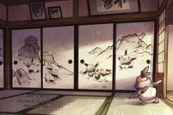 Rule 34 | character name, character print, commentary request, dated, from behind, gen 5 pokemon, indoors, nintendo, no humans, odo 7ta, photo (object), pokemon, pokemon (creature), pokemon focus, shadow, shouji, sliding doors, solo, standing, tatami, vullaby