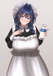 1girl absurdres apron black_dress blue_eyes blue_hair blush bottle braid breasts cipher4109 dress embroidered_dress embroidery empire_waist fanged_bangs frilled_hat frills hair_intakes hat high-waist_dress highres holding holding_bottle hololive hololive_english large_breasts long_hair long_sleeves looking_at_viewer low_twin_braids maid maid_apron milk milk_bottle mob_cap official_alternate_costume official_alternate_hairstyle ouro_kronii ouro_kronii_(maid) puritan_collar smile solo twin_braids victorian_maid virtual_youtuber white_apron