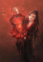 Rule 34 | 1boy, arm up, black hair, black hanfu, brown hair, chinese clothes, faux traditional media, from above, grey eyes, hair ribbon, hanfu, high ponytail, holding, holding lantern, ink wash painting, kcllzas163, lantern, light particles, long hair, long sleeves, looking at viewer, male focus, modao zushi, paper lantern, parted lips, ponytail, red background, red ribbon, red theme, ribbon, robe, smile, solo, standing, third-party source, wei wuxian, wide sleeves